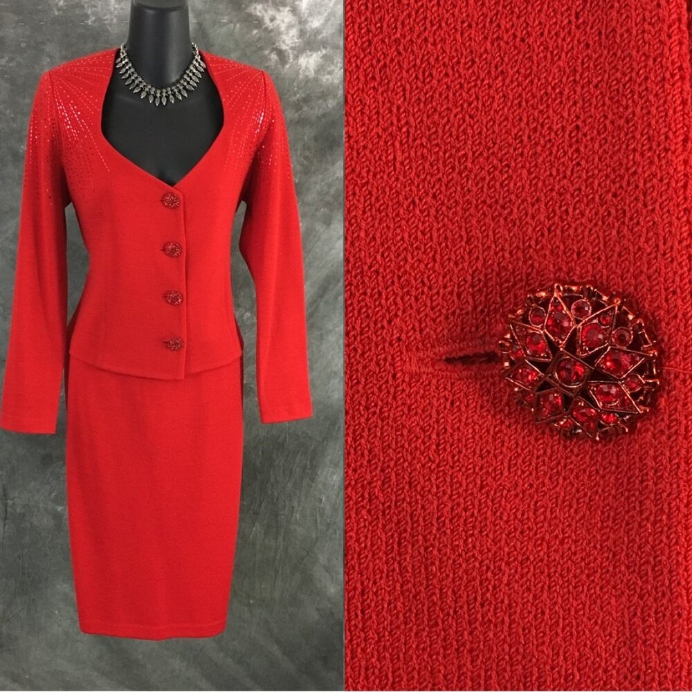 BEAUTIFUL St John evening knit red rhinestones embellished skirt suit 6